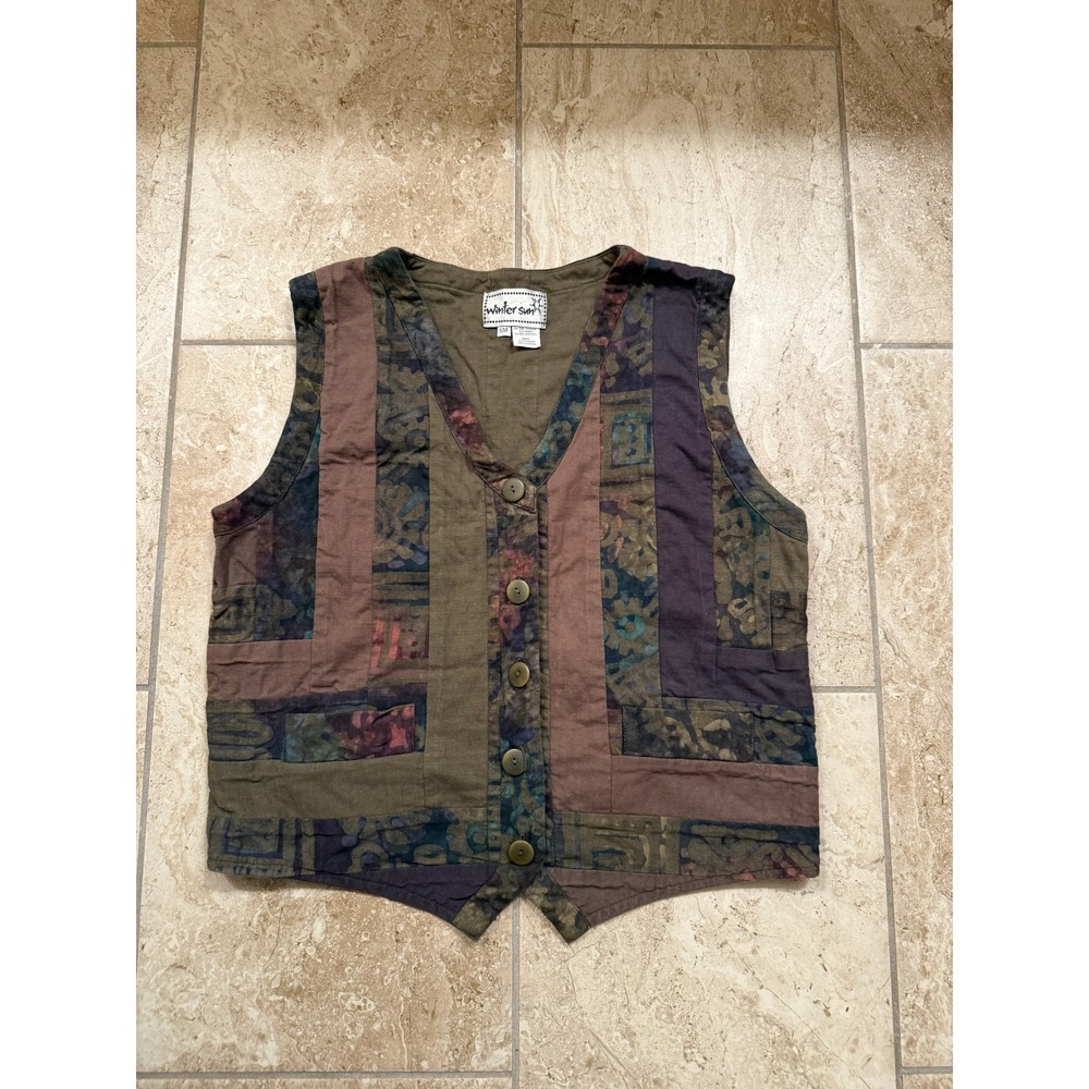 Winter Sun Patchwork Batik Quilted Cotton Vest Small Earthy Boho Cottagecore